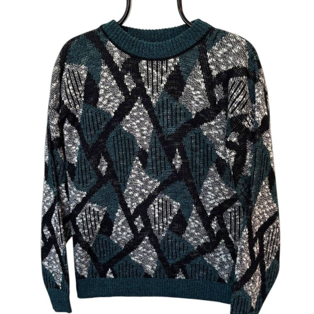 Vintage LE TIGRE Sweater Mens Size M Black White Dark Green Geometric USA EUC